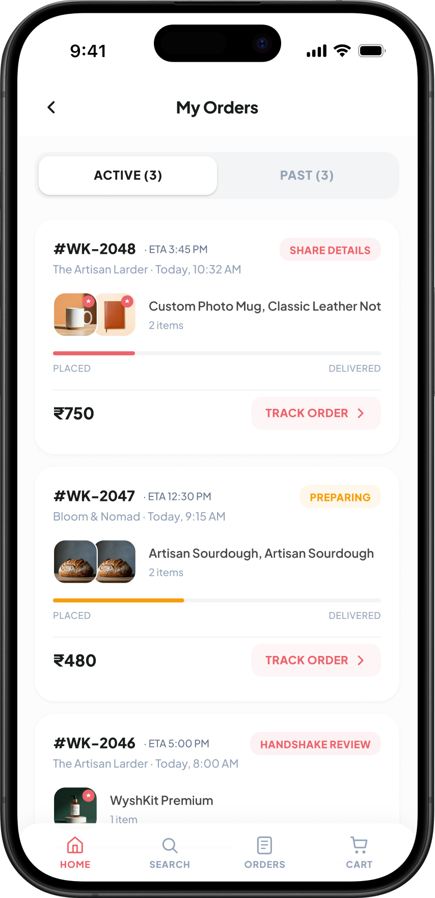Active orders with status badges